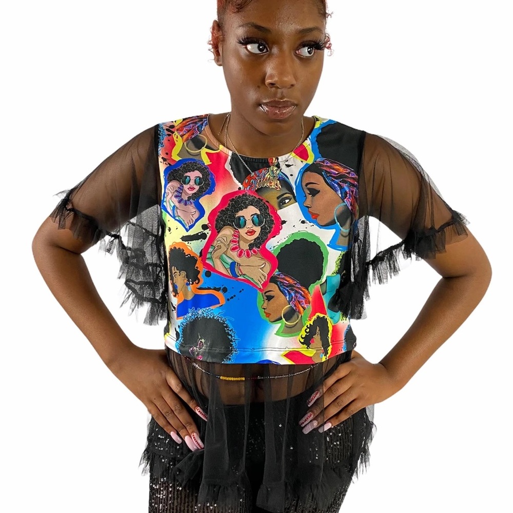 Divas on the Go Women's Black Graphic Printed Fringe Sheer Sleeve Crop Top